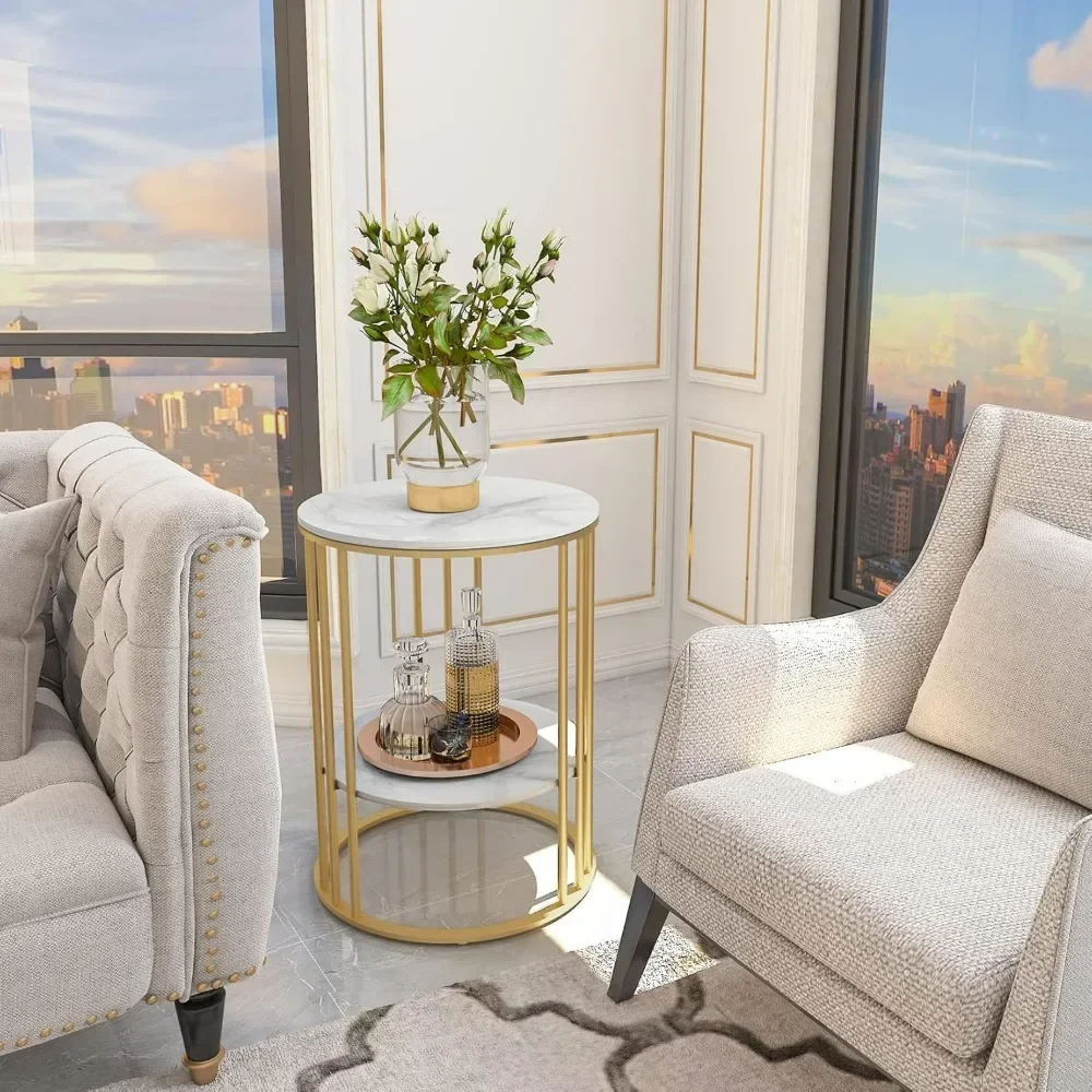 2 Tier Round White Sofa Side Table-Small Coffee Table with Golden Frame-Modern Bedside Nightstand for Living Room Bedroom