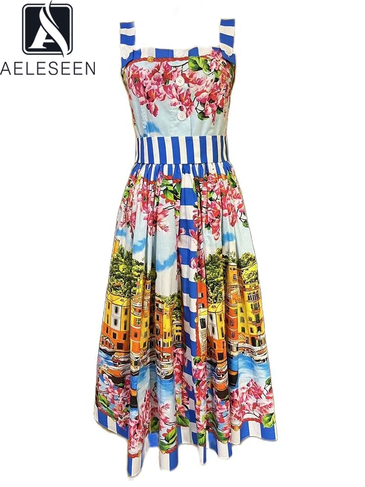 

AELESEEN Sicilian 100% Cotton Dress Women Summer Designer Spaghetti Strap Flower House Print Striped Elegant Midi Party Camisole