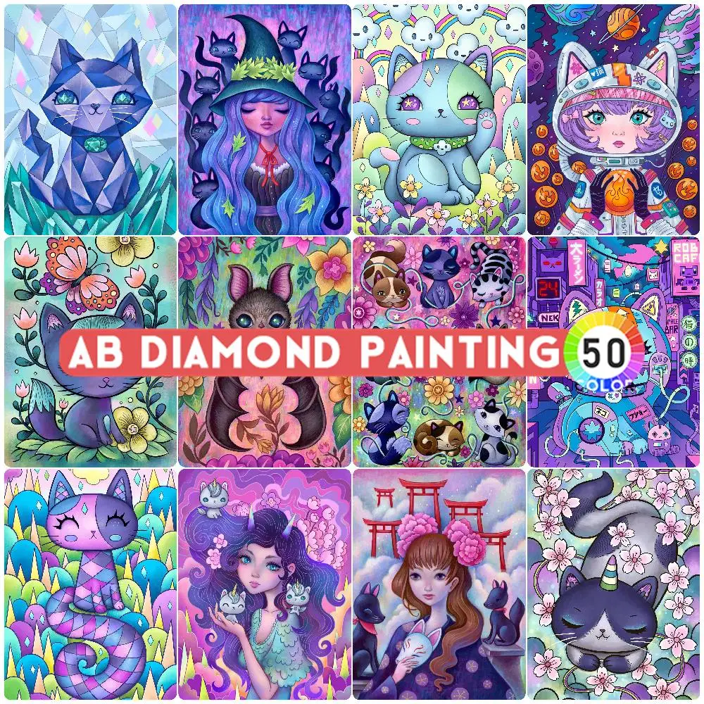 다이아몬드 페인팅 AB 오로라 매직 캣 매직 걸 모자이크 자수, 5D DIY 2..