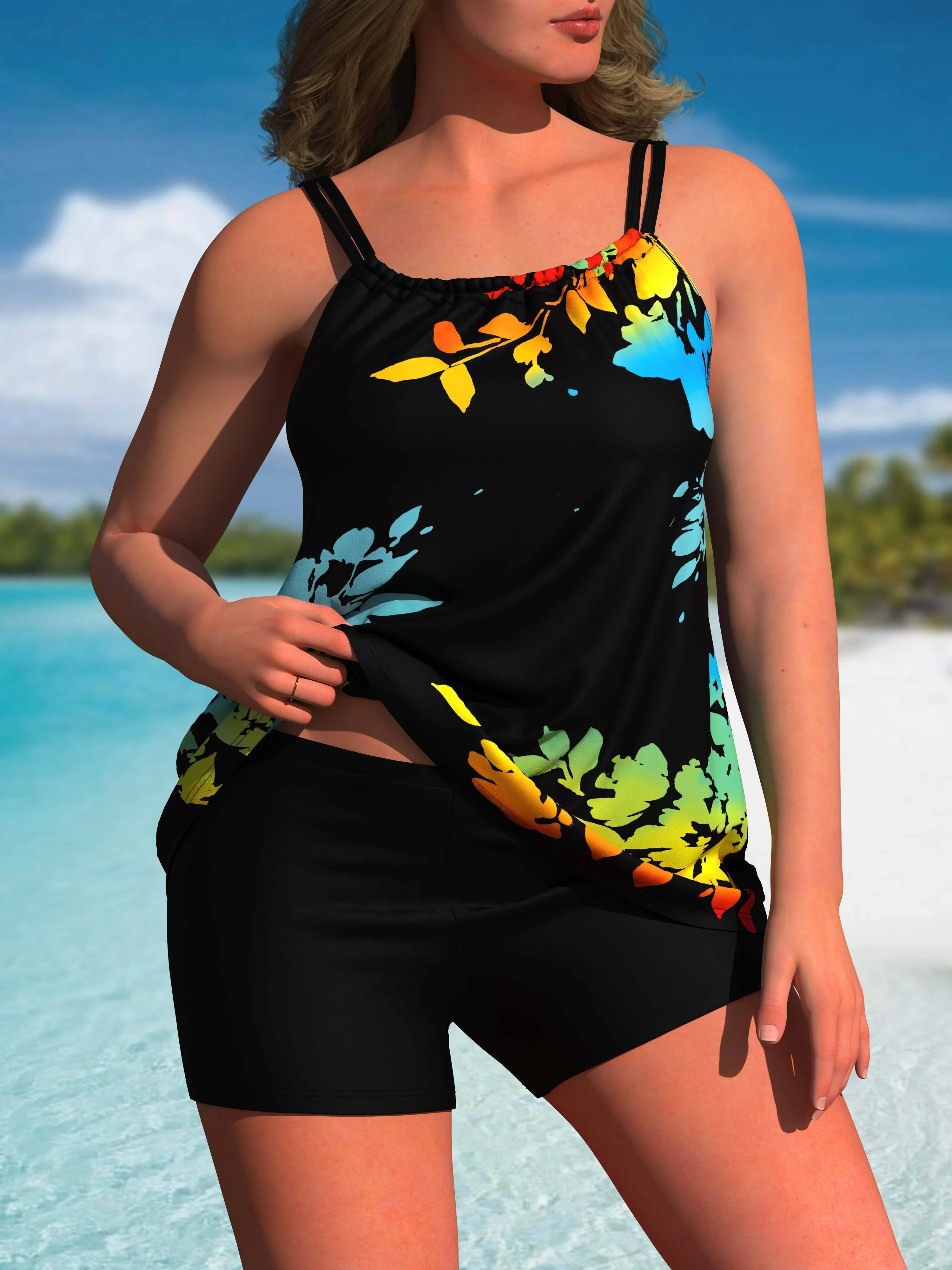 plus-size-plant-print-vest-set-women's-plus-size-sexy-and-fashionable-round-neck-vest-shorts-swimsuit-two-piece-set