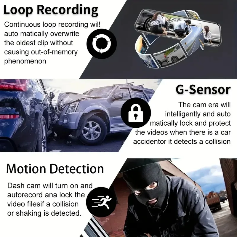 Dashcam per Auto a 3 Canali, Telecamera DVR 1080P con Visione Notturna, Registratore Video 24h per Parcheggio, Telecamera Anteriore, Interna e Posteriore - immagine 6
