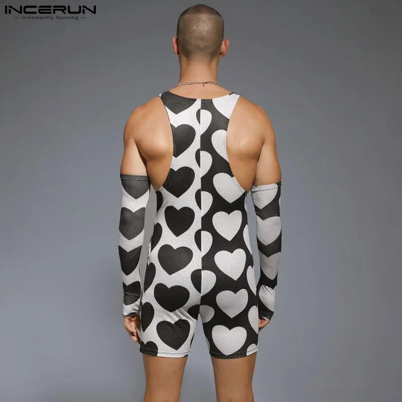 INCERUN 2023 Sexy Men's Bodysuits Love Printing Sleeve Design Jumpsuits Fahsionable Homewear Flat angle Sleeveless Rompers S-3XL