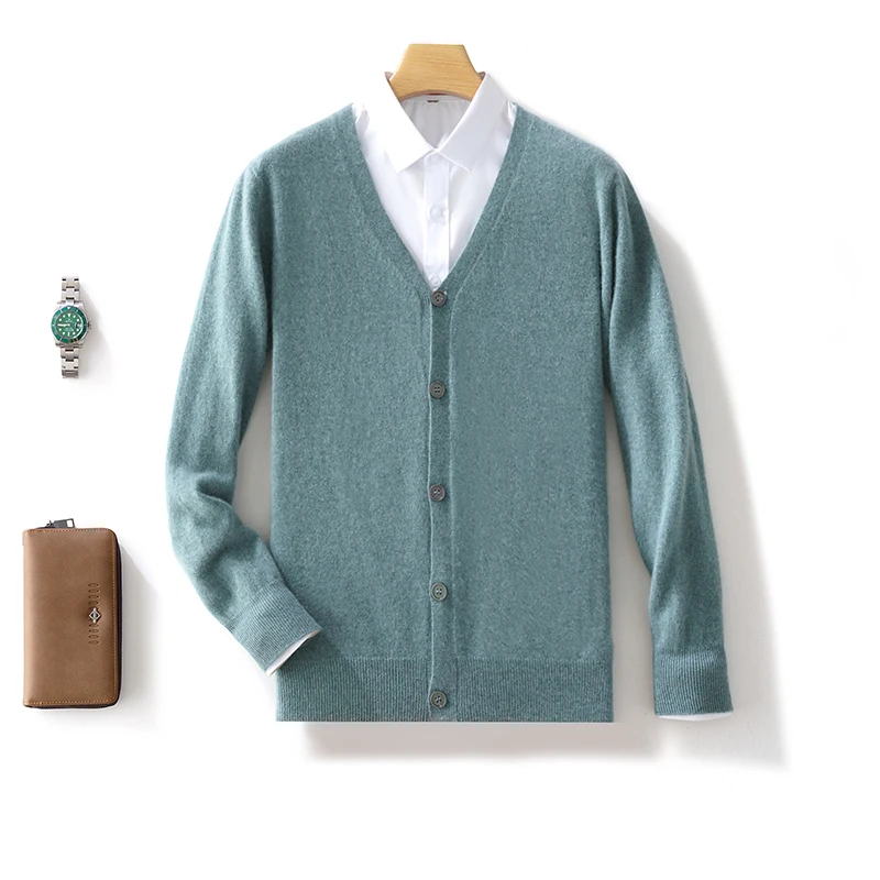 Autumn Winter 100% Pure Cashmere Wool Knit Cardigan Men's Jacket Trend V-neck High-Quality Sweater Loose Warm Men's Coat Tops 6