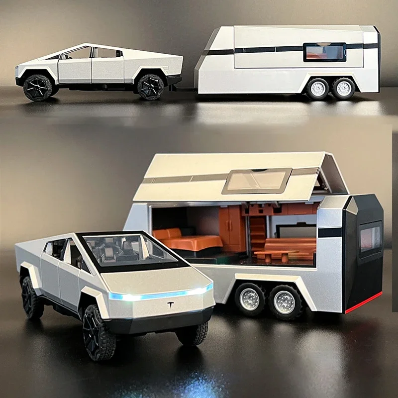 1/32 For Tesla Cybertruck Pickup Trailer Alloy Car Model Diecasts Metal Toy Off-road Vehicles Truck Model Sound and Light Gifts 1 32 tesla cybertruck pickup alloy car model diecasts off road vehicles truck car model sound light kids toys gift with suitcase