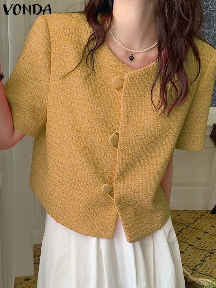 

Модный женский Блейзер VONDA с коротким рукавом, однотонные пальто 2024, повседневный свободный элегантный офисный блейзер с пуговицами, базовые рубашки