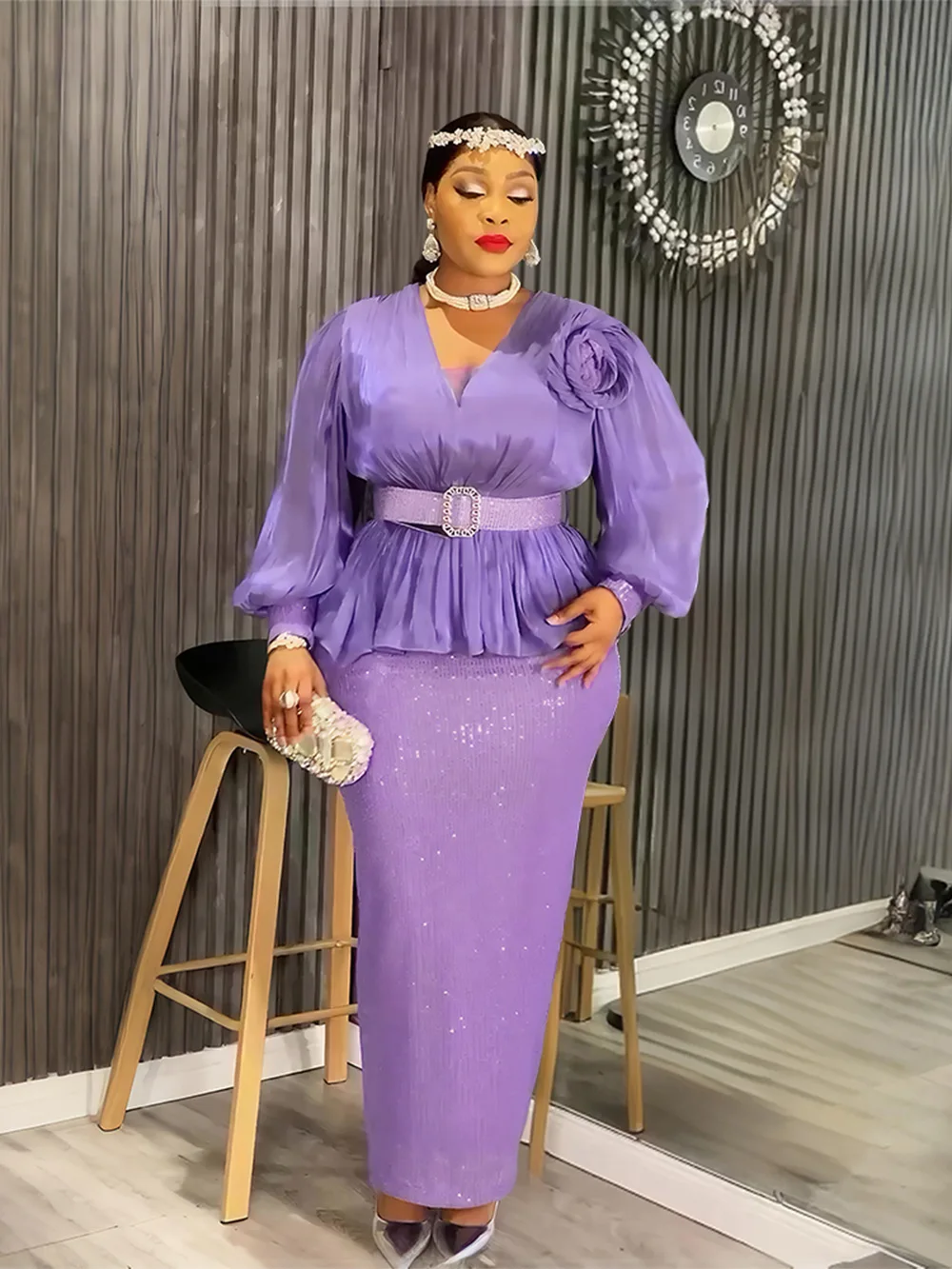 Elegant African Dresses for Women Autumn Africa V-neck Sequin Short Sleeve Party Evening Long Maxi Dress Outfits Africa Clothing