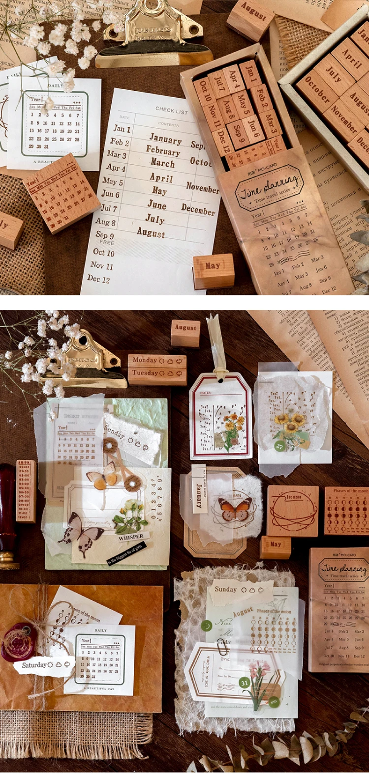 Yoofun Stempelset Woche Monat Mondphasen Collage Journal Scrapbooking Siegel Set Erstellen Sie Holzstempel Panner Tagebuch DIY Siegel – Detail 2