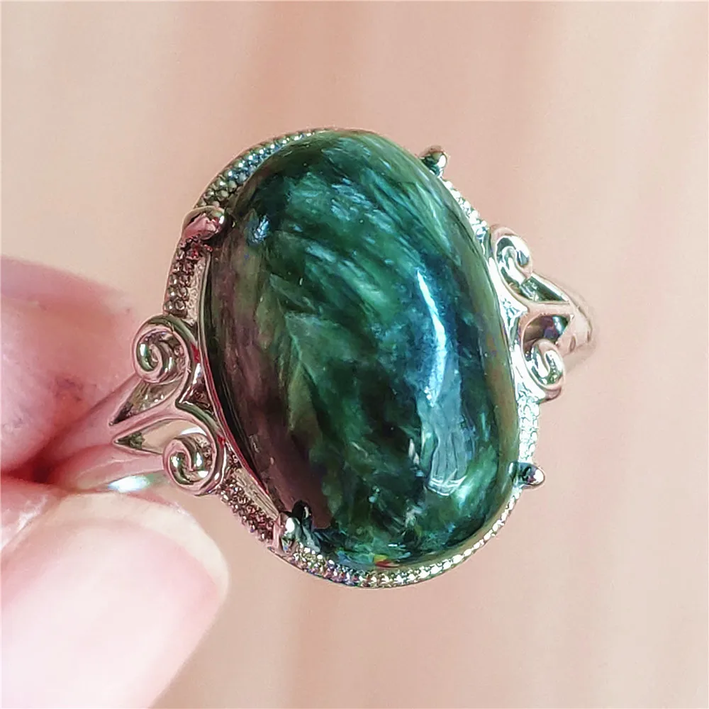 silver rings Natural Green Seraphinite Adjustable Size Ring Women Men Seraphinite Ring Clinochlore Oval Gemstone 925 Sterling Silver AAAAAA gucci ring