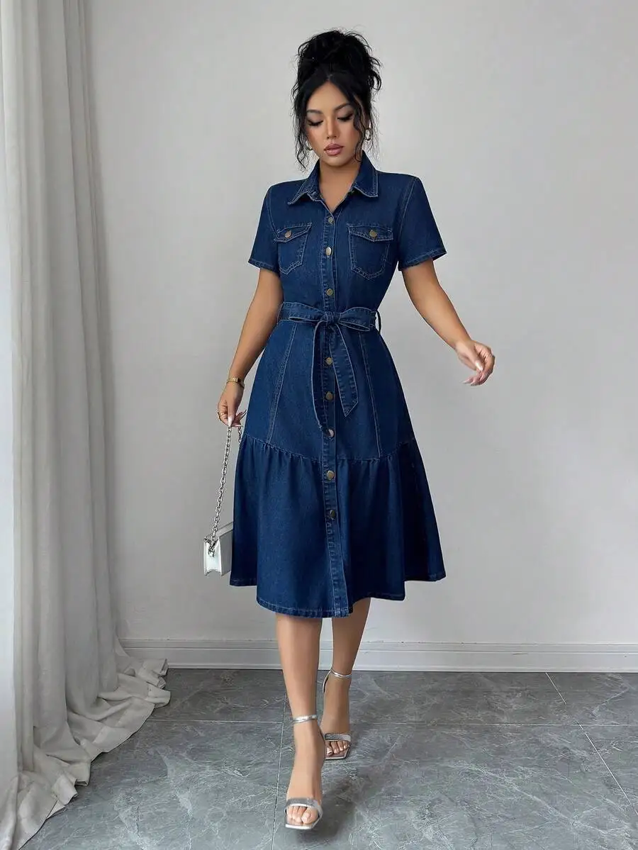 Womens Denim Shirt Dress With Button Front And Belted Waist 3