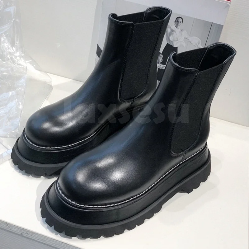 

Women Knight Boots Autumn Winter 2023 New Round Toe Calfskin Stretch Fabric Thick Bottom Women Shoes Sexy Mature Ankle Boots