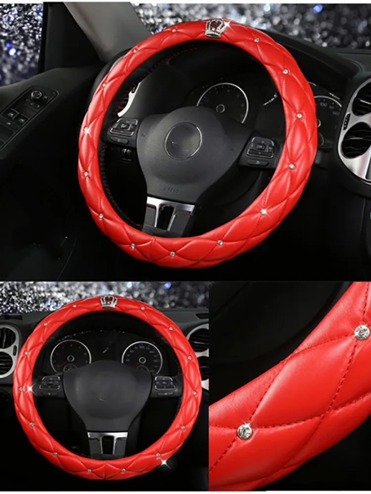 Leather Universal Car Steering-wheel Cover 38CM Diamond Blingbling Auto Steering Car Wheel Cover Woman Car-styling Accessories