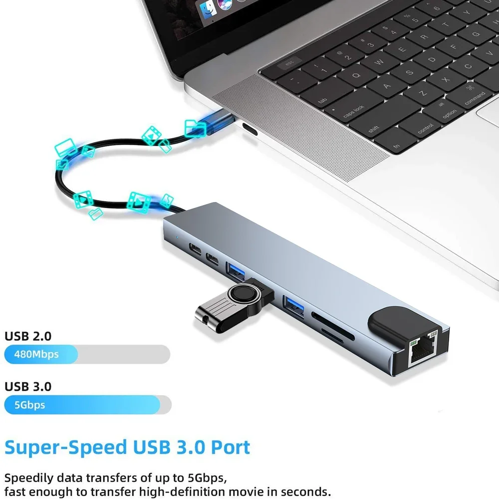8 in 1 USB C Hub Type-C to Multiports 4K HDMI RJ45 PD Charge SD/TF Card Reader Type C To USB Adapter Dock For MacBook Air Pro PC