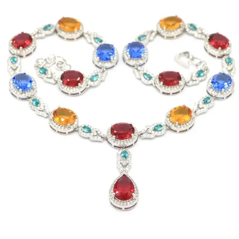 57g 925 SOLID STERLING SILVER Customized NECKLACE CHAIN Multi Color Ruby Citrine Blue Aquamarine Violet Tanzanite Peridot Kunzit