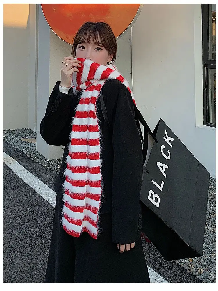Simple Long-haired Imitation Mink Knitted Striped Scarf Women's Thickened Cold-proof Couple Scarf Luxury Designer Free Shipping