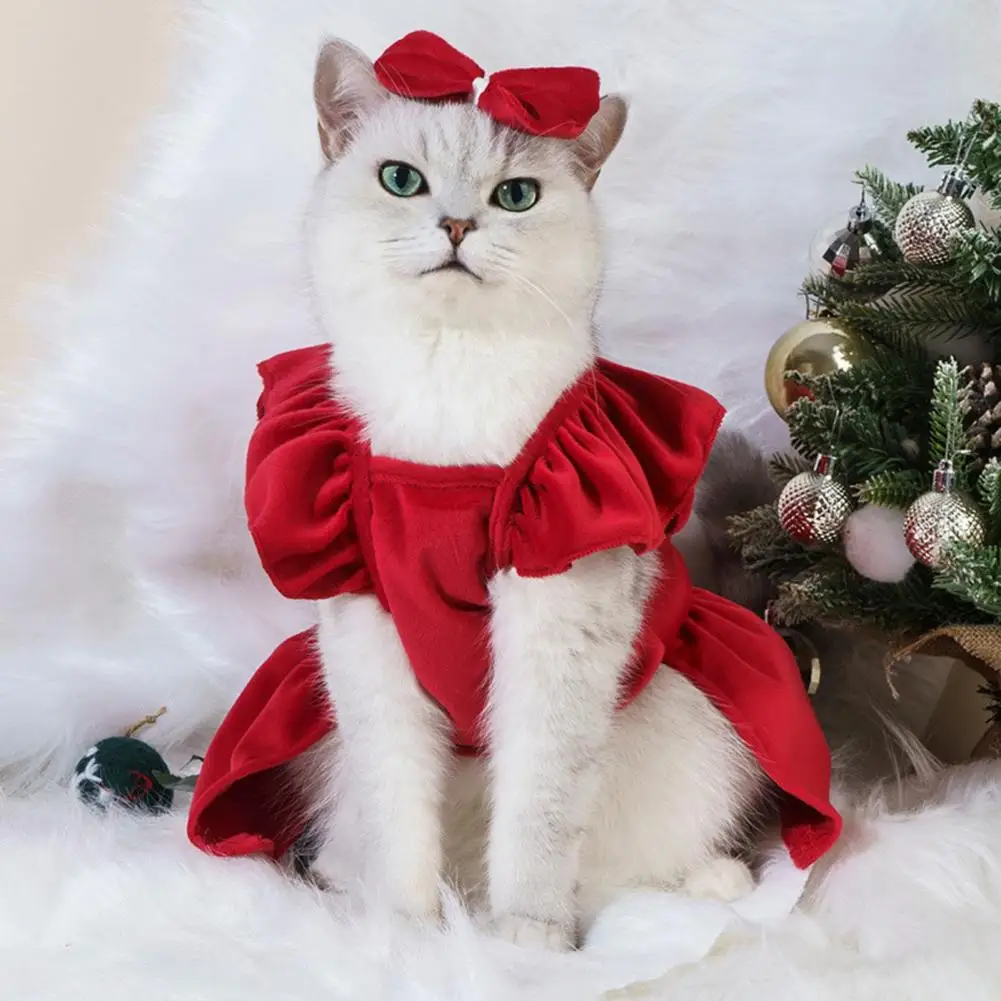 Pet Clothes 1 Set Pet Dress Christmas Dog Costume Elegant Red Skirt With Bow Headdress Cat Princess Dress Pet Supplies