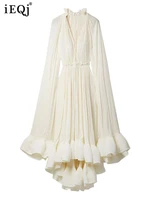 فستان طويل أنيق نسائي بكشكشة غير منتظمة ، أرجوحة كبيرة ، أكمام عباءة ، أربطة مقسمة ، ثنيات ، فستان حفلات ، جديد ، 1