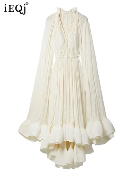 فستان طويل أنيق نسائي بكشكشة غير منتظمة ، أرجوحة كبيرة ، أكمام عباءة ، أربطة مقسمة ، ثنيات ، فستان حفلات ، جديد ، 1