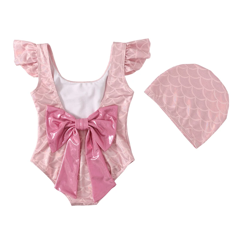 Cute Toddler Baby Girls Swimwear Ruffles Sleeveless Beachwear Swimsuit Lovely Pink Mermaid Bathing Suit + Sun Hat 2pcs Set