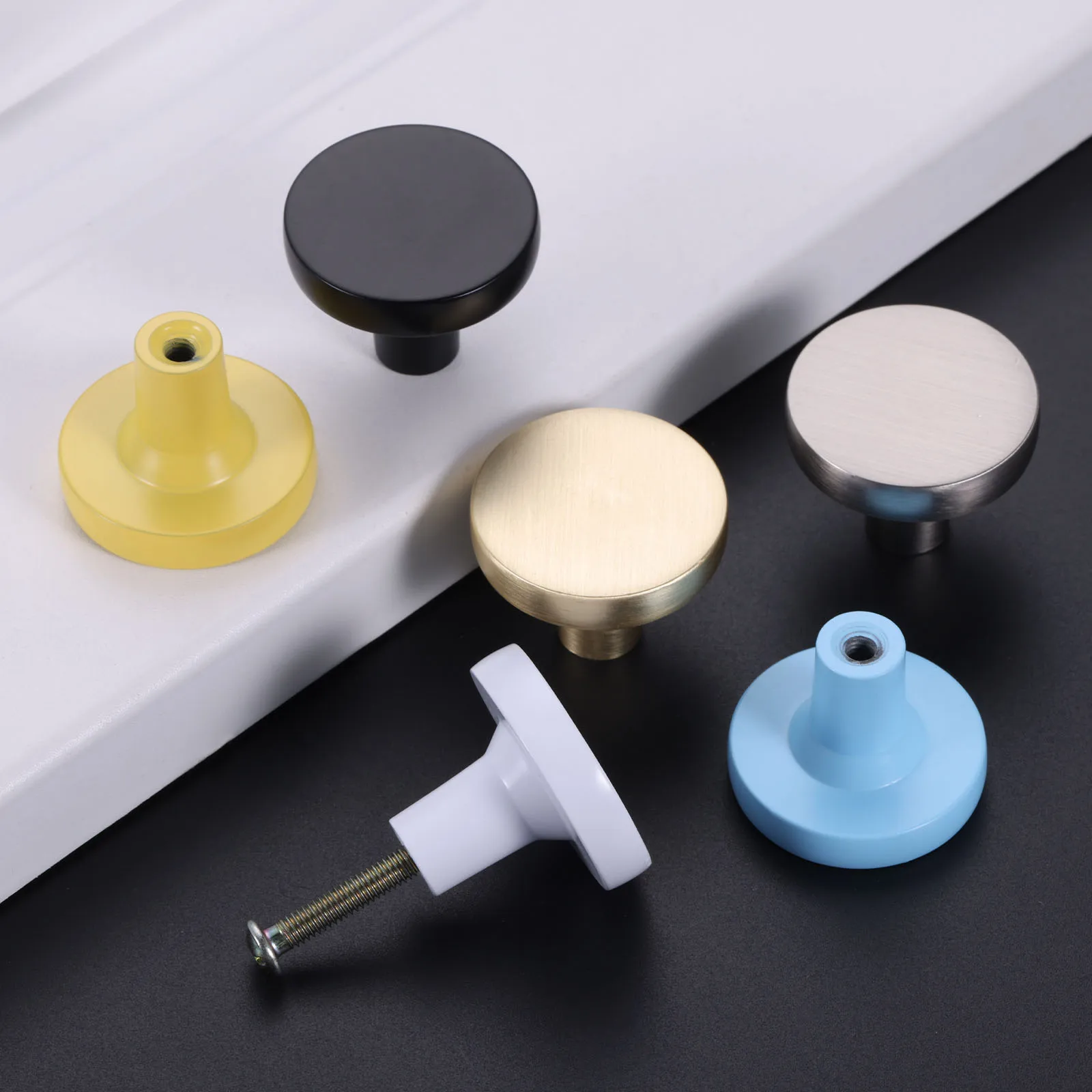 Furniture Round Flat Knob with M4 Screw Small Alloy Handle White Blue Brass/Nickel Brushed Black 30mm Fit Cabinet Drawer Dresser