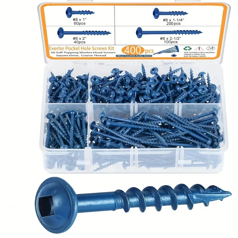 400-piece pocket hole Screw set with drill-4 sizes #8, coarse threaded wood screws for treated wood, blue rust resistant coati