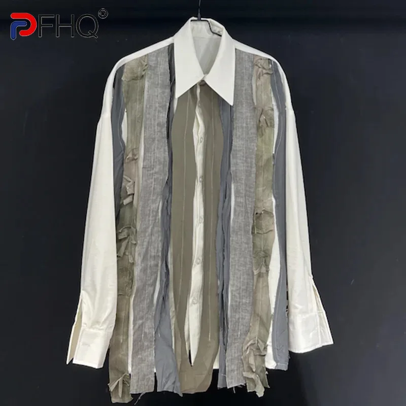 

PFHQ Men's Linen Shirts Fashion Summer Twisted Splicing Design Long Sleeved Sun Protection Coat Vintage Creativity Tops 21Z4574