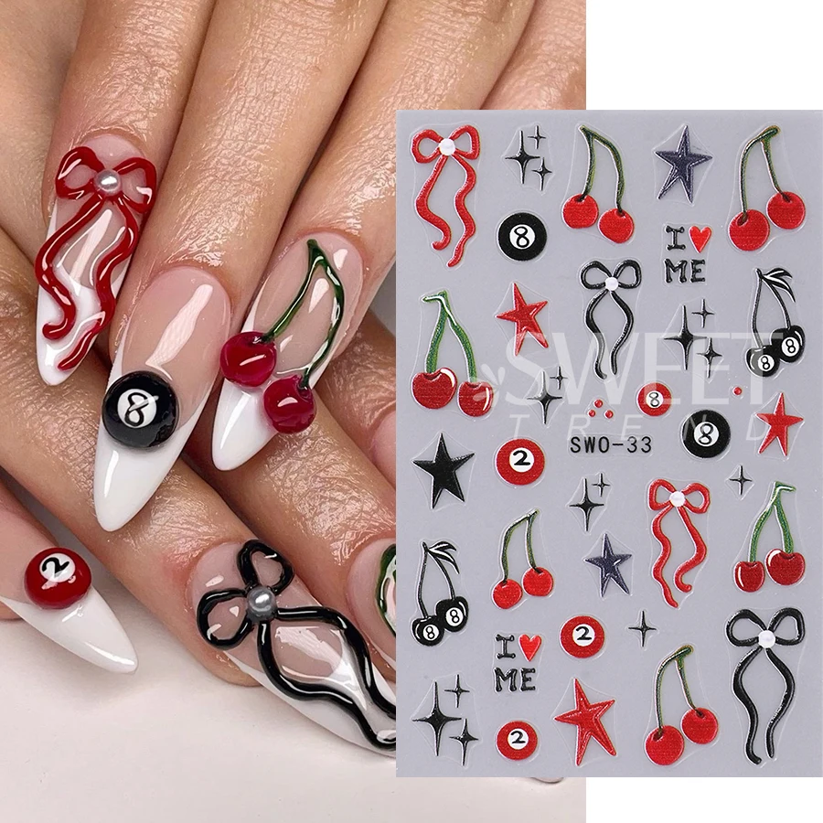 2pcs Halloween Clown Designs Nail Stickers 5D Cute Cherry Bow Billiard Star Adhesive Nail Decals DIY Manicure Decoration Sliders