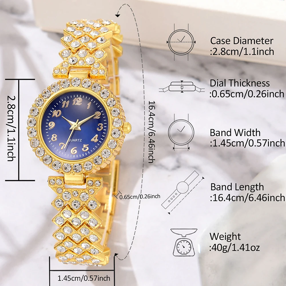 6PCS/Set Women's Blue Alloy Watch Strap Fashionable Rhinestone Quartz Watch Necklace Earrings Jewelry Set 5