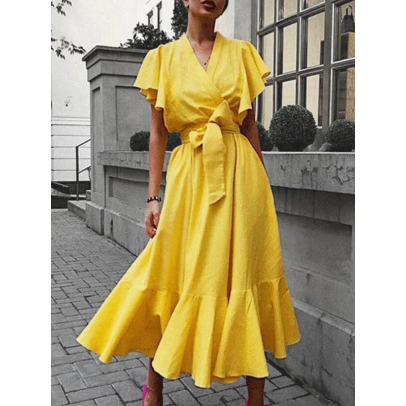 

Spring Summer Women's New Vintage Solid Color V-ne Short Sleeves High Waist Tie Mid-length Swing Ruffle Elegant Party Dress