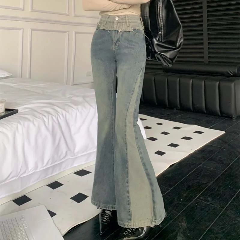 

Sexy Micro-flared Jeans Women's Stitching Vintage Washed Blue Skinny High Waist Jeans Autumn High Street Y2K Punk Long Trousers