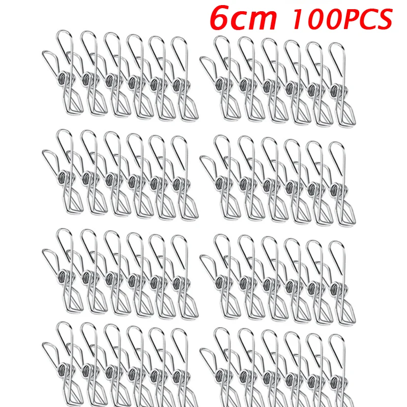 Stainless Steel Clothes Pegs Sealing Clips Clothespins Metal Storage Kitchen Organizer Tool Cloth Pin Clip Holders 100Pcs 6cm