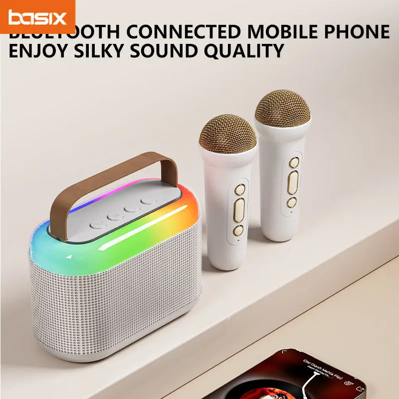 Basix Y3 Double wheat Portable Bluetooth Speaker Microphone Set, Colorful Light Bluetooth Speaker with Home Karaoke Machine