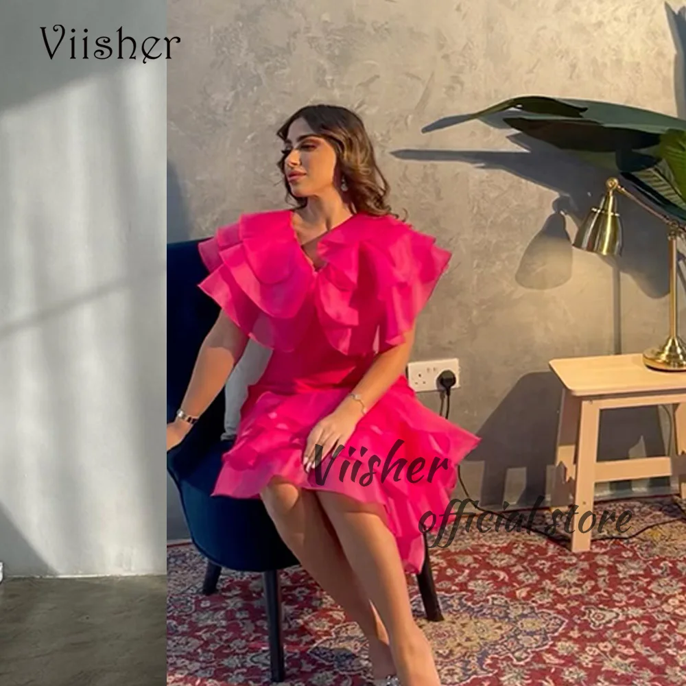

Viisher Fuchsia Organza Short Prom Party Dresses V Neck Dubai Arabic Evening Dress Above Knee Formal Evening Gowns