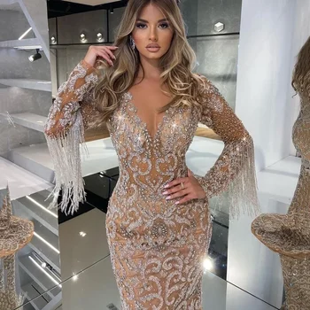 2025 New Spring Cross-Border Women's Evening Dress Long Sexy Elegant Fringed Gold-Sprinkled Mermaid Gown For Wedding 1