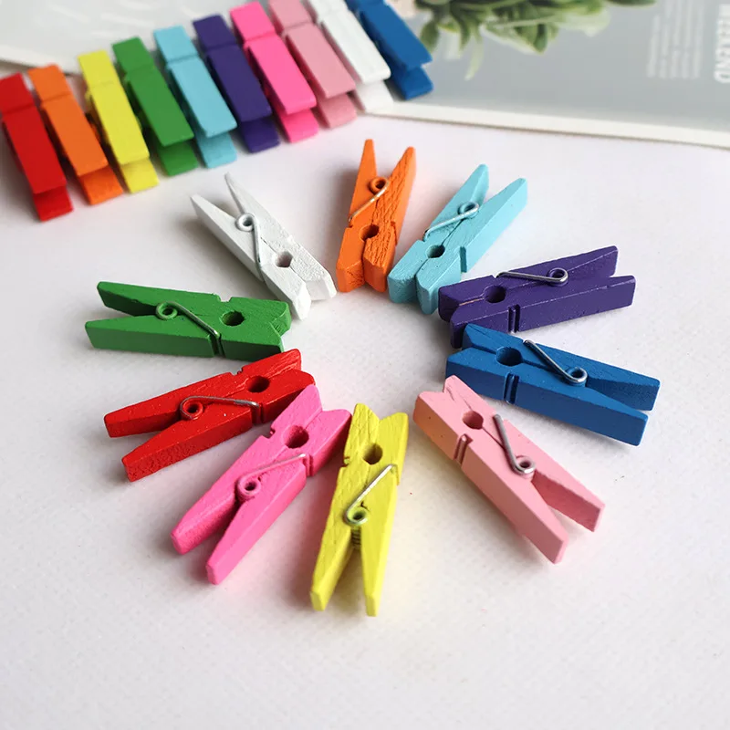 DIY 사진 나무 작은 클립, 레인보우 컬러 나무 미니 클립, 웨딩 파티 장식, 100 개/백, 3.5cm