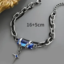 Retro Black Zircon Star Chain Unisex Punk Bracelet - Stainless Steel Jewelry (Blue)