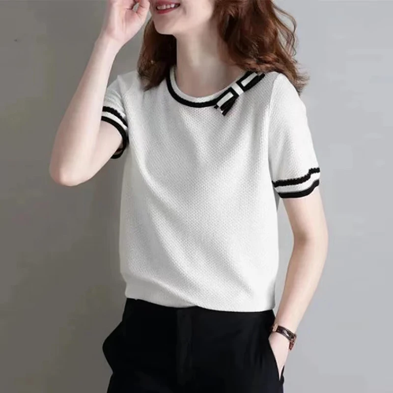 

O Neck T Shirt Women Patchwork Short Sleeve Tshirts Korean Fashion Womens Clothing 2023 Summer Knitted Tops Bow Tee Shirt Femme