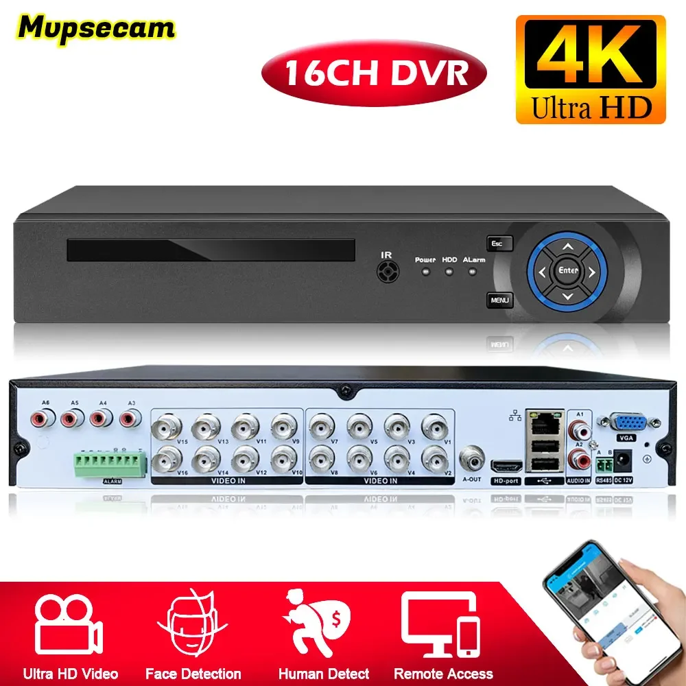 16CH 8M-N 4K 6in1 HD TVI CVI AHD IP Security DVR Recorder H.265+ Video Recorder Email Alert Motion Detection For 8MP 5MP Cameras