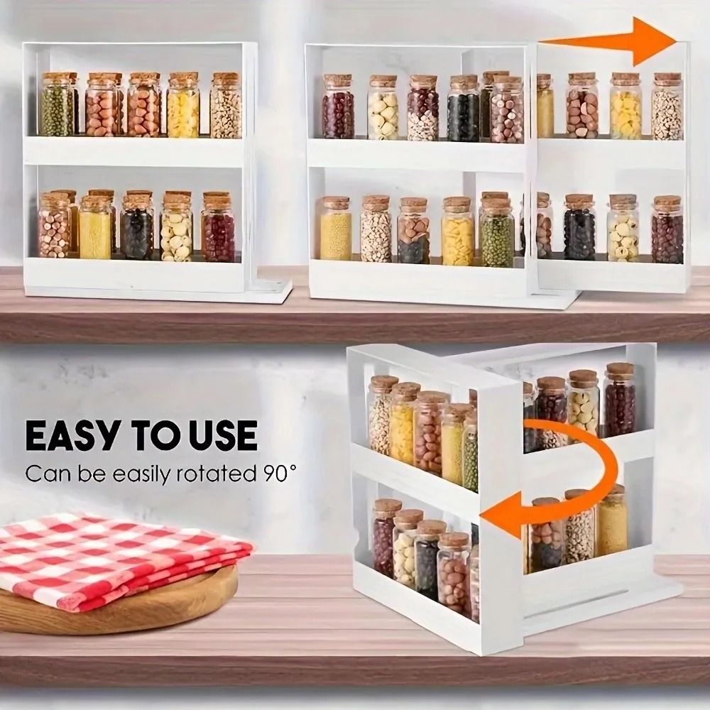 Extendable Spice Rack 2-Tier 360-Degree Rotating Organizer Adjustable for Kitchen Cabinet Countertop Seasoning Storage Shelves