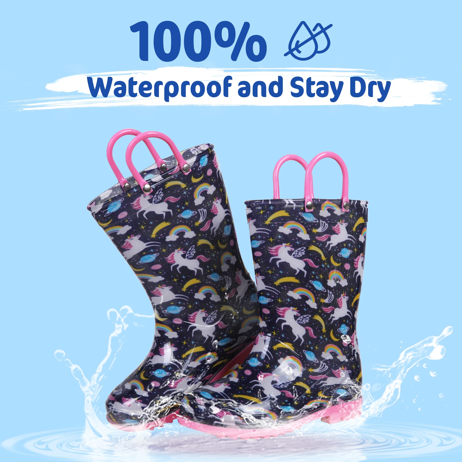 Shevalues Toddler Kids Rain Boots With Handles Cute Dinosaur Unicorn Unisex Rain Shoes For Kids Outdoor Waterproof Non-slip Boot