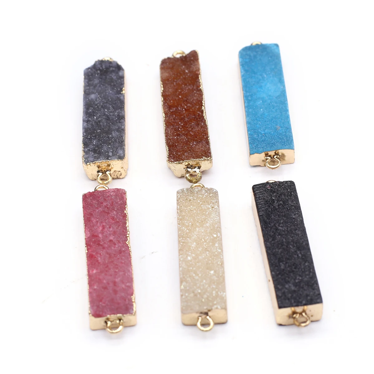10PCS Wholesale Natural Semi precious Stone Colorful Crystal Cluster Rectangular Gold Edge Connector Pendant Jewelry Making DIY