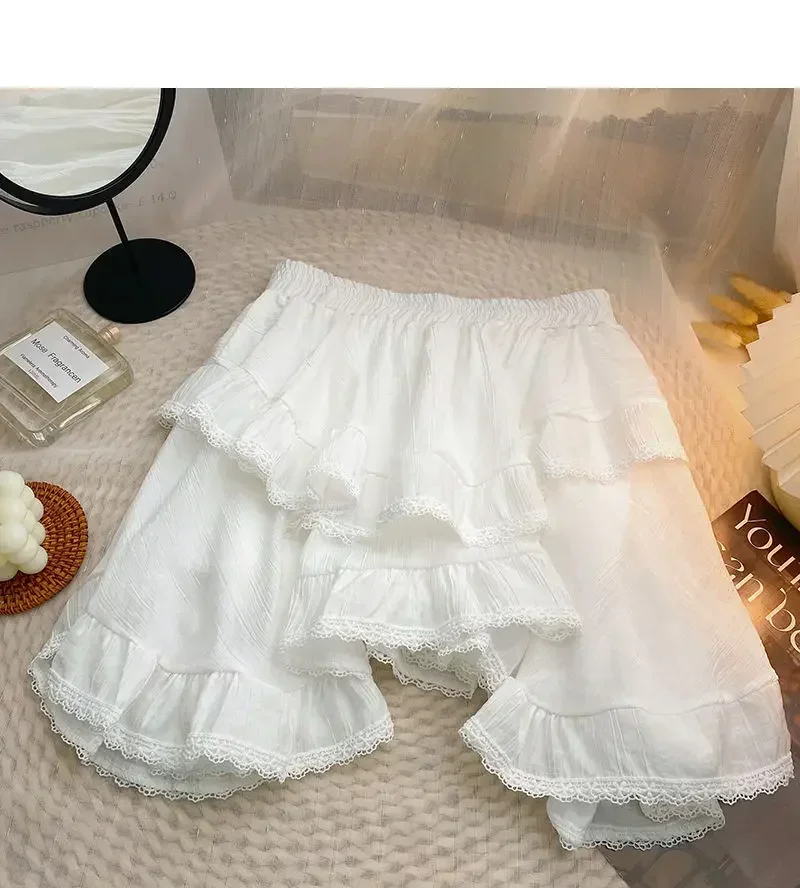 Lace High Waist Irregular Cake Skirts for Women A-line Sweet Girls All-match Korean Fashion Spring Summer Black White