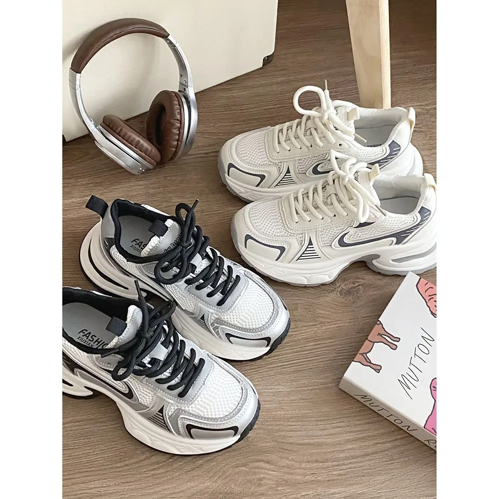 2024 Spring New Leather Breathable Women Casual Shoes Silver Mesh Thick Sole Soft Sole Ultra Light Sports Running Shoes 24-139