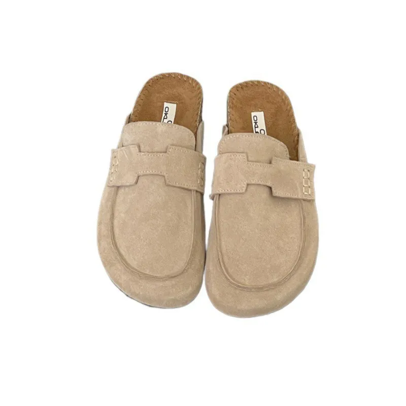 Thick Sole Versatile Bucken Shoes Real Leather Wrap Top Half Slippers Female Outsider Wearing One Step Wearing  Women's Shoes