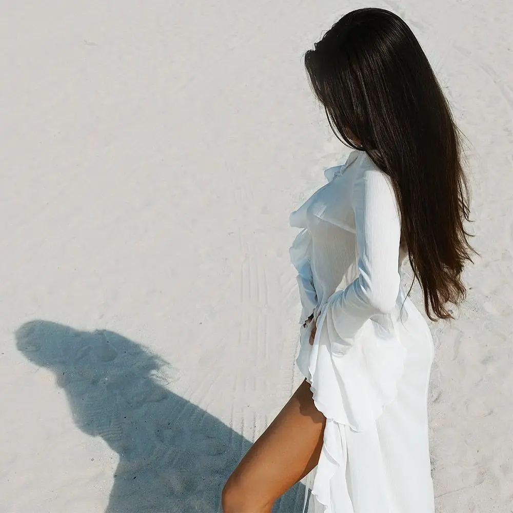 Fashion V Neck Summer Beach Cover Up Ruffled Long Sleeve Beach Dress Bathing Suit Loose Bikini Sunscreen Smock for Women 2