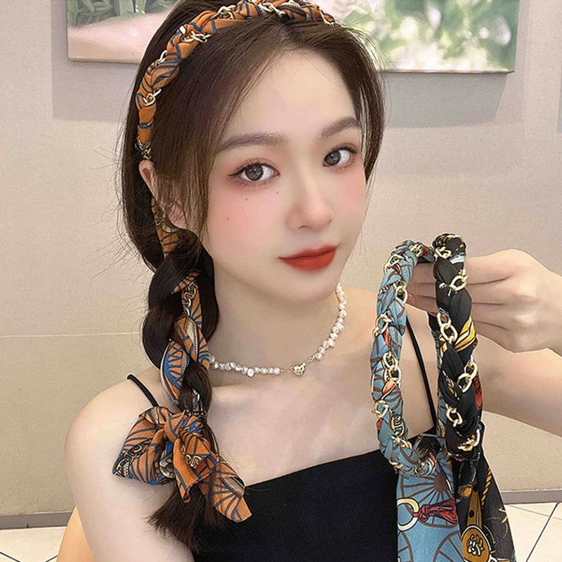 

Long Ribbon Chain Hair Hoop Elegant Ponytail Holder Cloth Silk Scarf Headband Hair Accessories For Women Girls Printing Hairband