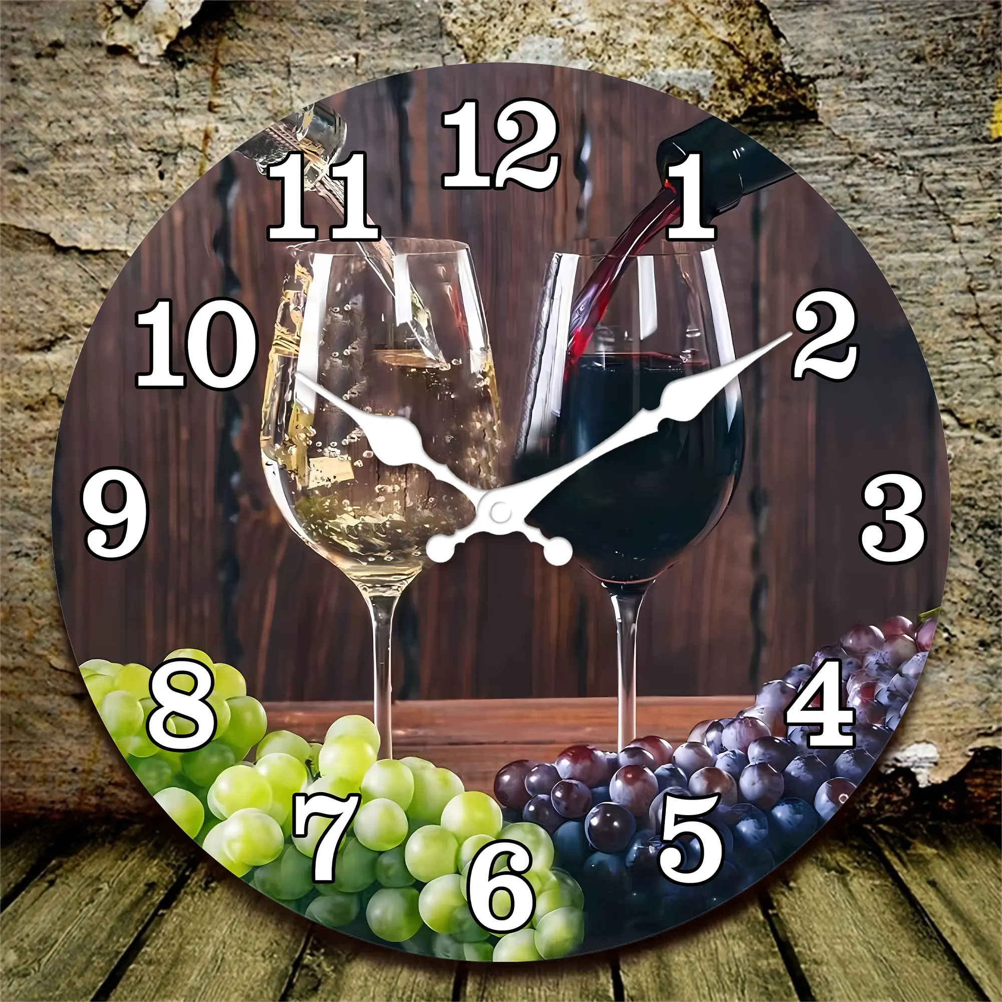 View of 1 10-16 inch wooden wall clock, wine poured into a glass, purple and ...