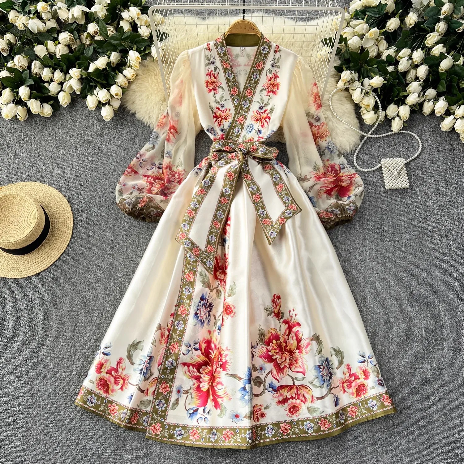 

Vintage Flower Bandage Bow Wrap Dress Women's Clothiing Runway V Neck Long Lantern Sleeve Flower Print Pocket Maxi Robe Vestidos