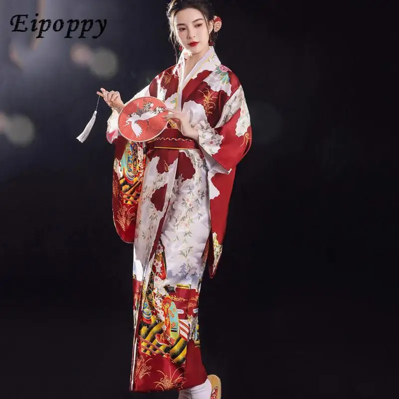

Традиционное японское кимоно с цветочным принтом Оби, женские платья, костюм Geisha, хаори, юката, кимоно, костюм