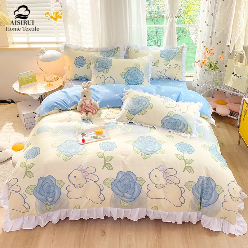 

Light Luxury Satin Quilt Cover Soft Skin Friendly Sheet Queen King Size Home Decor Fresh Korean Lace 4-piece Set Duvet Cover