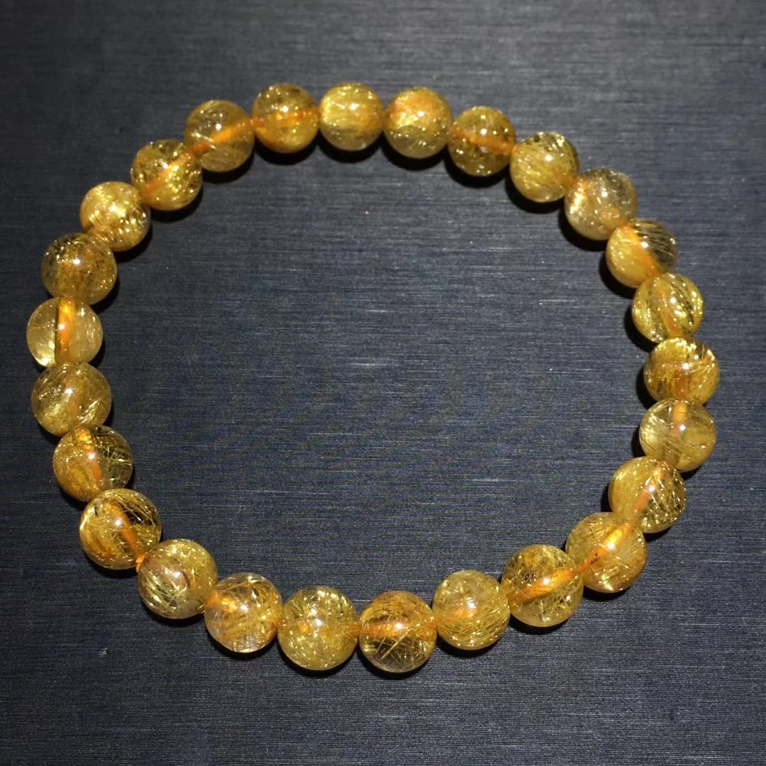 

Natural Gold Rutilated Quartz Titanium Clear Round Beads Bracelet Women Men Rutilated Cat Eye 7mm Wealthy Stone AAAAAA